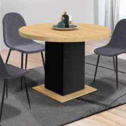 Table à manger ronde bois et noir 6 personnes