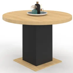 Table à manger ronde bois et noir 6 personnes