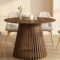 Table à manger ronde CARMEN 6 personnes pied noyer en lattes et plateau noyer 110 cm