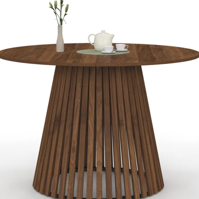 Table à manger ronde CARMEN 6 personnes pied noyer en lattes et plateau noyer 110 cm