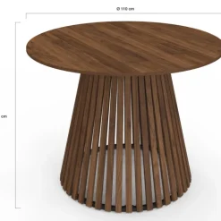 Table à manger ronde CARMEN 6 personnes pied noyer en lattes et plateau noyer 110 cm