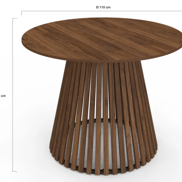 Table à manger ronde CARMEN 6 personnes pied noyer en lattes et plateau noyer 110 cm