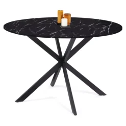 Table à manger ronde effet marbre noir pied araignée métal noir