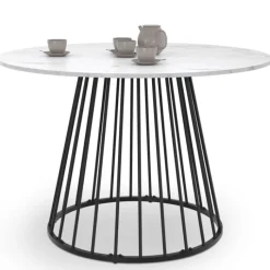 Table à manger ronde effet marbre blanc et pied en métal