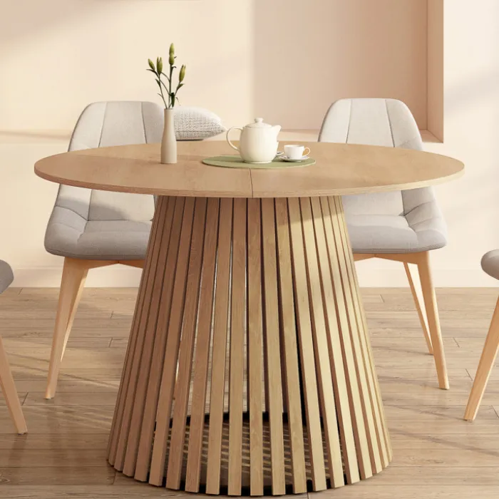 Table à manger ronde en bois 6 personnes pied en lattes plateau bois