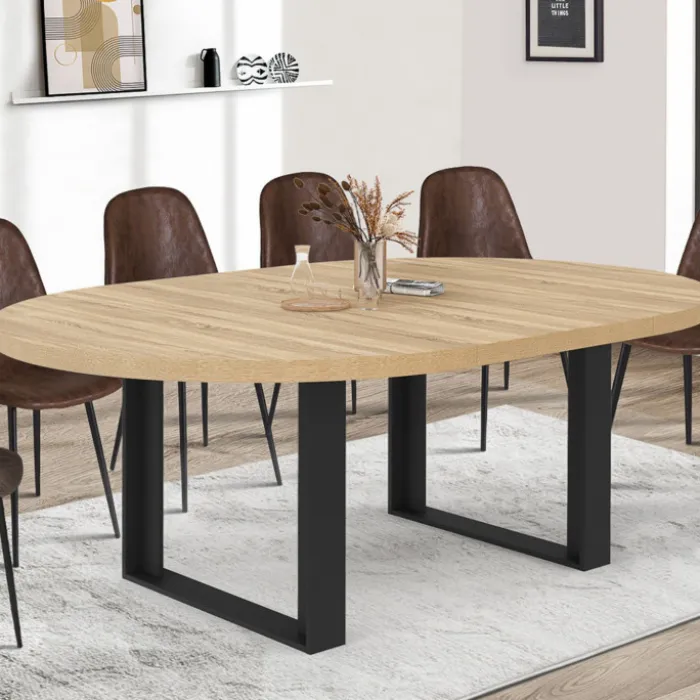 Table à manger ronde extensible bois et noir 6-10 personnes