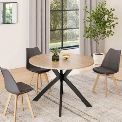 Table à manger ronde extensible 110-200 cm 4-10 personnes bois et pied noir