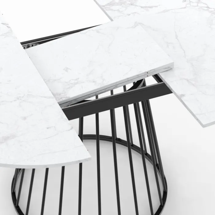 Table à manger ronde extensible 110-150 cm 4-8 personnes plateau effet marbre blanc et pied filaire métal noir