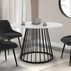 Table à manger ronde extensible 110-150 cm 4-8 personnes plateau effet marbre blanc et pied filaire métal noir