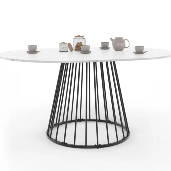 Table à manger ronde extensible 110-150 cm 4-8 personnes plateau effet marbre blanc et pied filaire métal noir