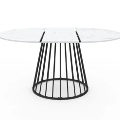 Table à manger ronde extensible 110-150 cm 4-8 personnes plateau effet marbre blanc et pied filaire métal noir