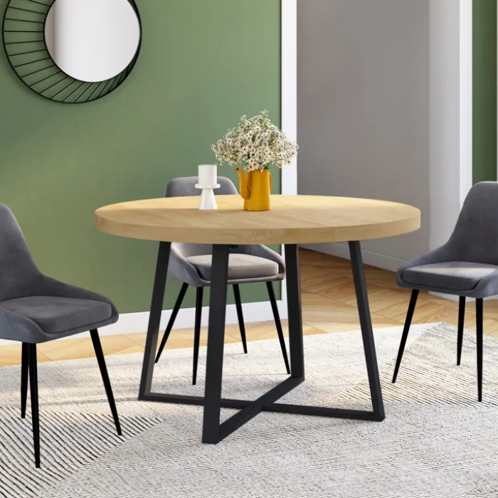 Table à manger ronde extensible 4-10 personnes 110-200 cm bois et pieds noirs