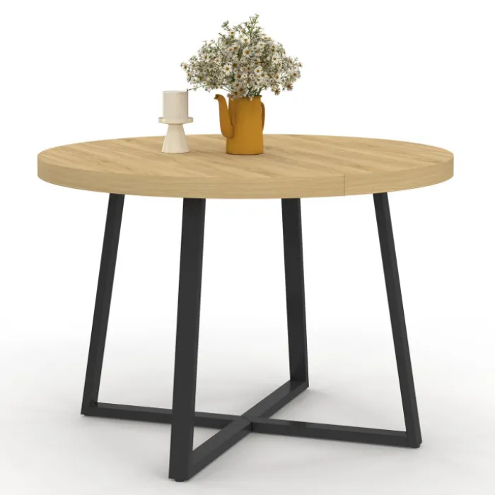 Table à manger ronde extensible 4-10 personnes 110-200 cm bois et pieds noirs
