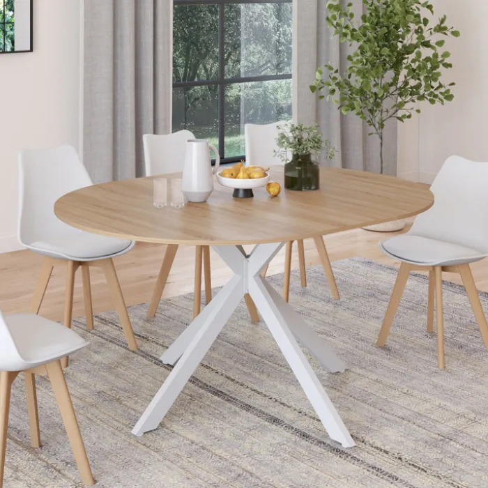 Table à manger ronde extensible bois et blanc 110-150 cm 4-8 personnes pied araignée