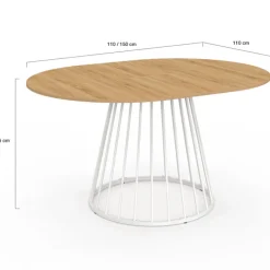 Table à manger ronde extensible 110-150 cm 4-8 personnes plateau bois et pied filaire métal blanc
