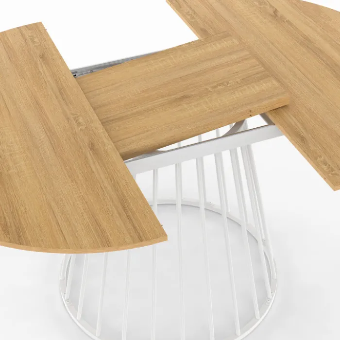 Table à manger ronde extensible 110-150 cm 4-8 personnes plateau bois et pied filaire métal blanc