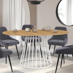 Table à manger ronde extensible 110-150 cm 4-8 personnes plateau bois et pied filaire métal blanc