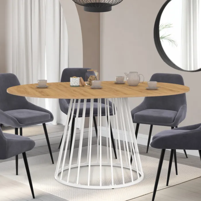 Table à manger ronde extensible 110-150 cm 4-8 personnes plateau bois et pied filaire métal blanc