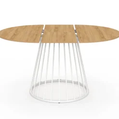 Table à manger ronde extensible 110-150 cm 4-8 personnes plateau bois et pied filaire métal blanc
