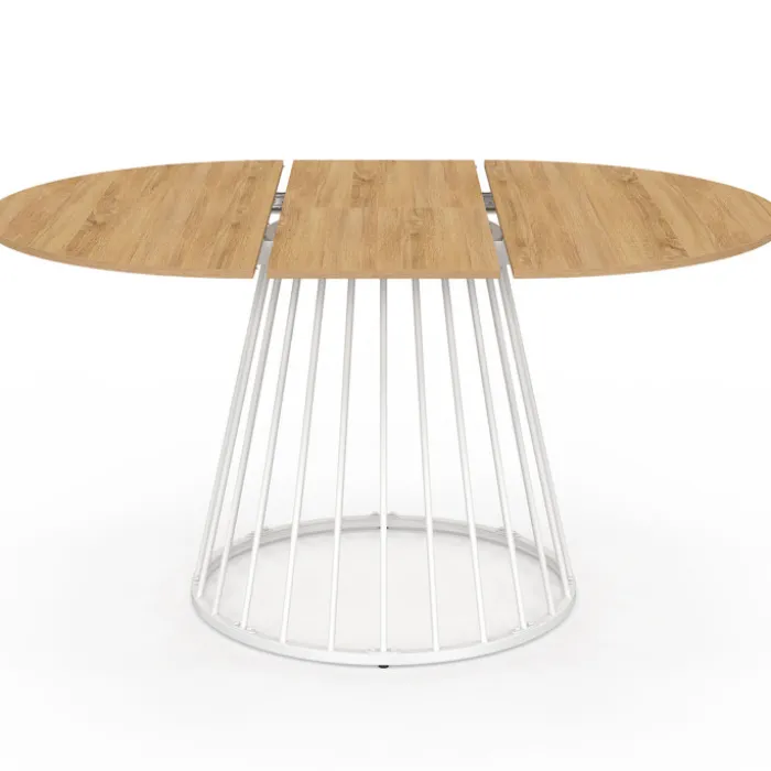 Table à manger ronde extensible 110-150 cm 4-8 personnes plateau bois et pied filaire métal blanc