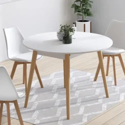 Table à manger ronde extensible 4-8 personnes blanc pied bois 110-150 cm