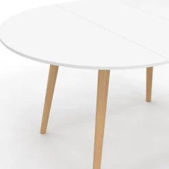 Table à manger ronde extensible 4-8 personnes blanc pied bois 110-150 cm