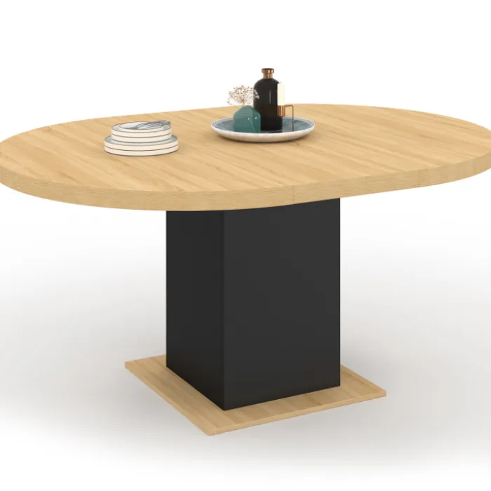 Table à manger ronde extensible 4-8 personnes noir et bois