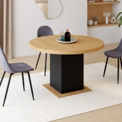 Table à manger ronde extensible 4-8 personnes noir et bois