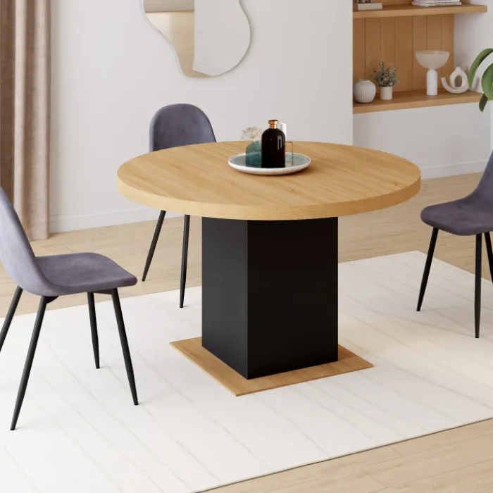 Table à manger ronde extensible 4-8 personnes noir et bois