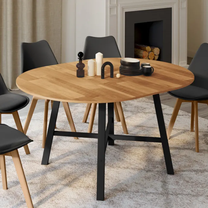 Table à manger ronde extensible bois et métal noir
