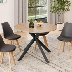 Table à manger ronde extensible noir et bois pour 6-8 personnes