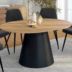 Table à manger ronde extensible 4-8 personnes bois effet hêtre et pied noir 110-150 cm