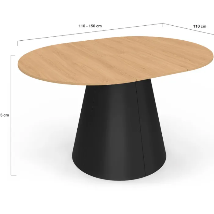 Table à manger ronde extensible 4-8 personnes bois effet hêtre et pied noir 110-150 cm