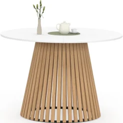 Table à manger ronde 6 personnes 110 cm plateau bois blanc et pied bois en lattes