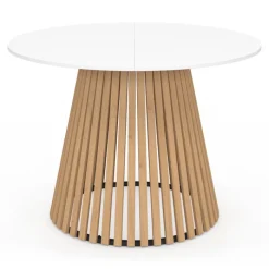 Table à manger ronde 6 personnes 110 cm plateau bois blanc et pied bois en lattes