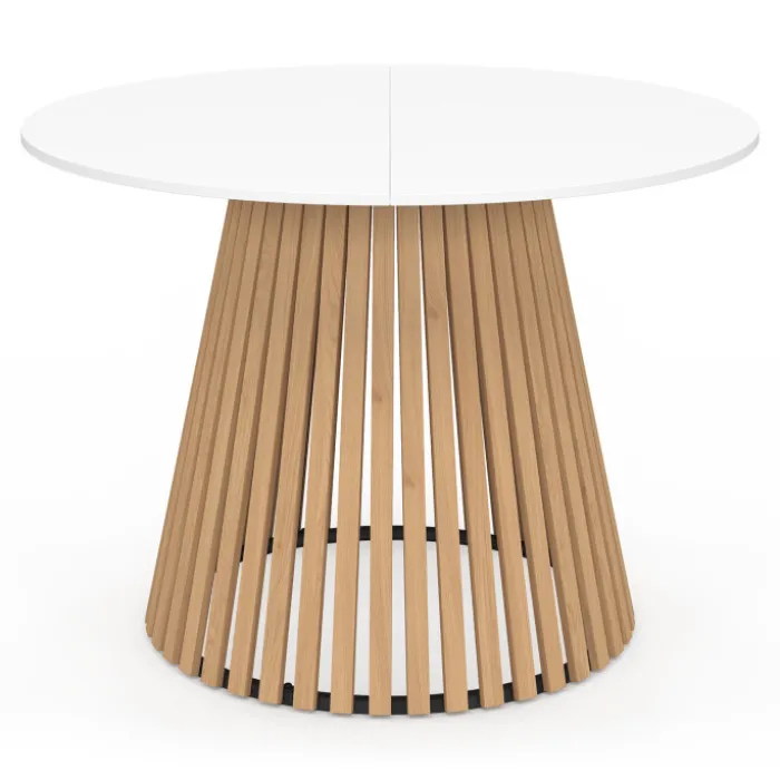 Table à manger ronde 6 personnes 110 cm plateau bois blanc et pied bois en lattes