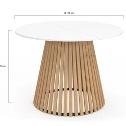 Table à manger ronde 6 personnes 110 cm plateau bois blanc et pied bois en lattes