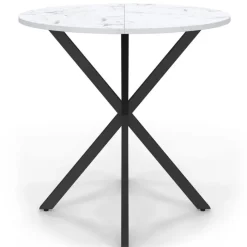 Table à manger ronde plateau effet marbre blanc pied araignée noir 4 personnes