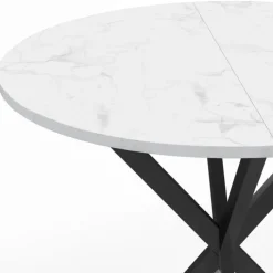 Table à manger ronde plateau effet marbre blanc pied araignée noir 4 personnes