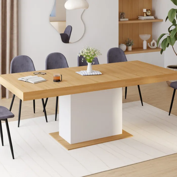 Table avec pied central bois et blanc extensible