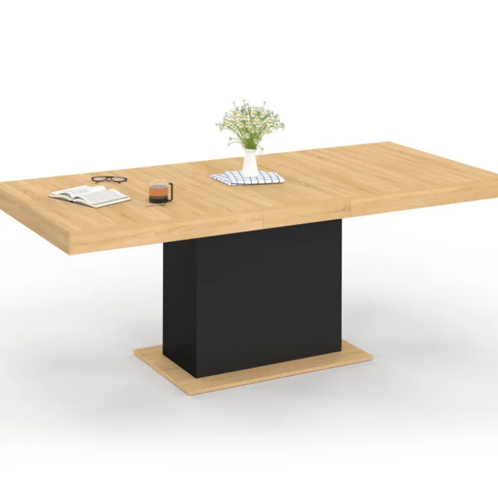 Table avec pied central bois et noir extensible