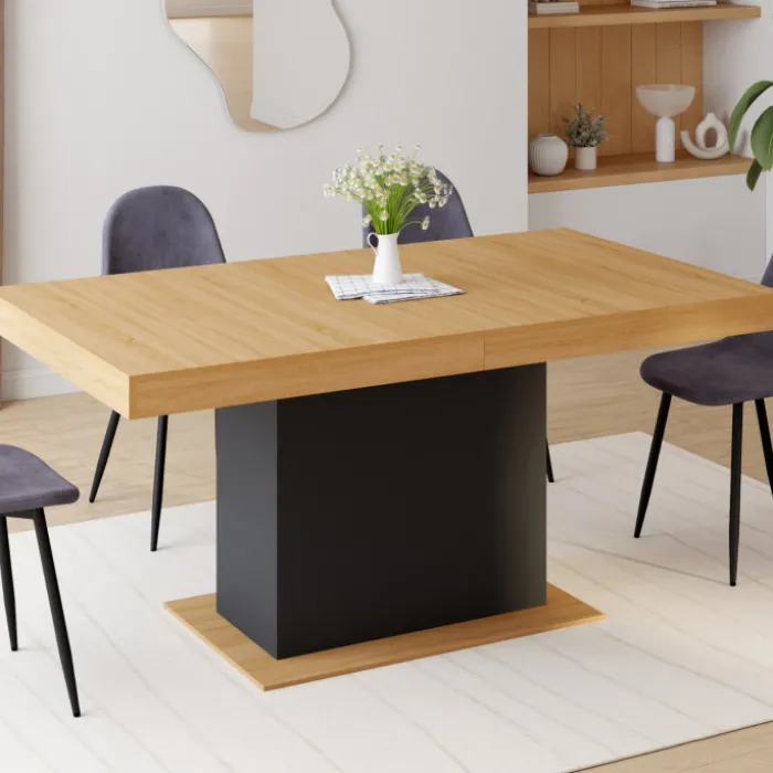 Table avec pied central bois et noir extensible