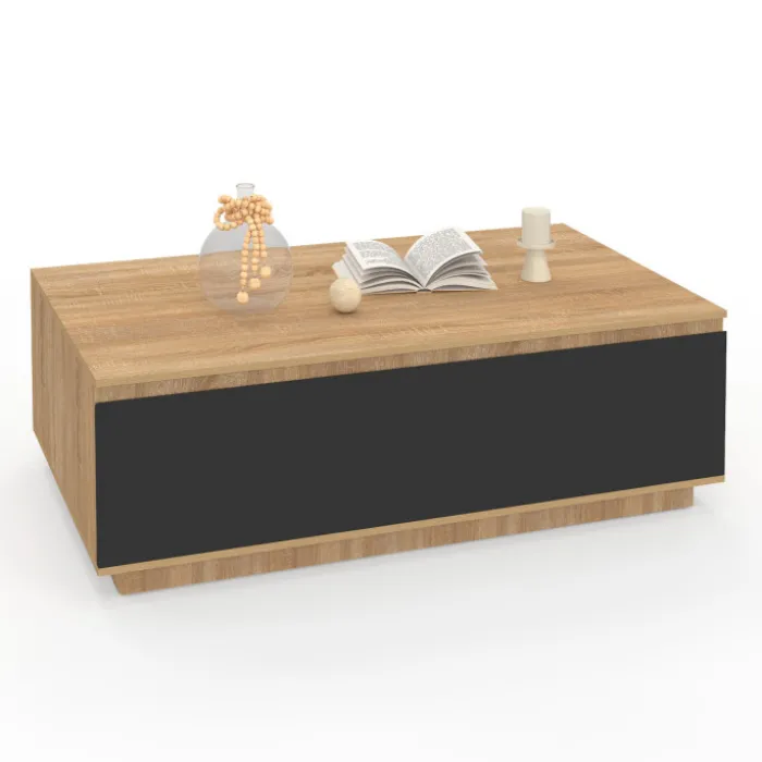 Table basse 110 cm avec porte façon hêtre et noir