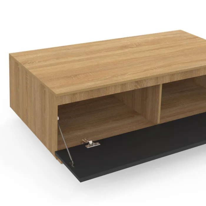 Table basse 110 cm avec porte façon hêtre et noir