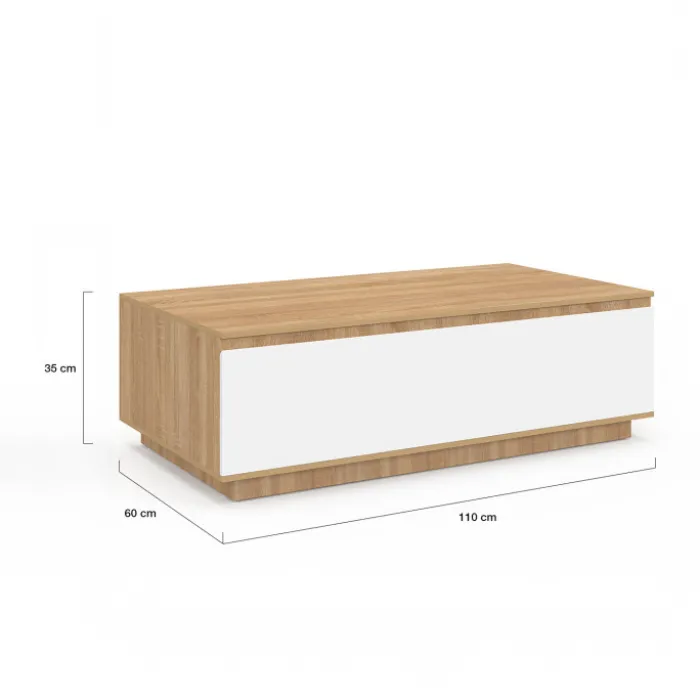 Table basse 110 cm avec porte façon hêtre et blanc