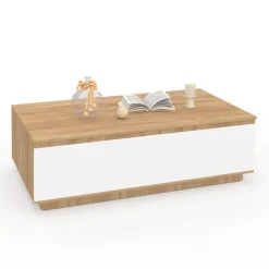 Table basse 110 cm avec porte façon hêtre et blanc
