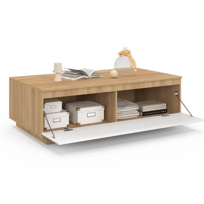 Table basse 110 cm avec porte façon hêtre et blanc