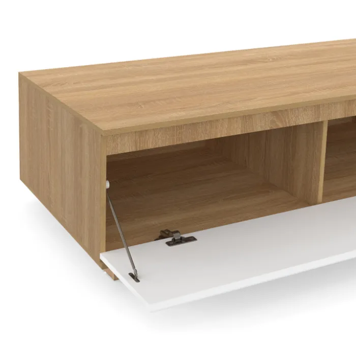 Table basse 110 cm avec porte façon hêtre et blanc