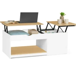 Table basse 2 plateaux relevables bois blanc et façon hêtre