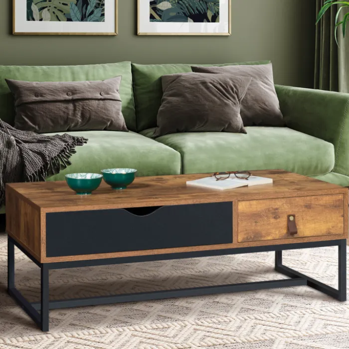 Table basse 2 tiroirs style industriel effet bois vieilli